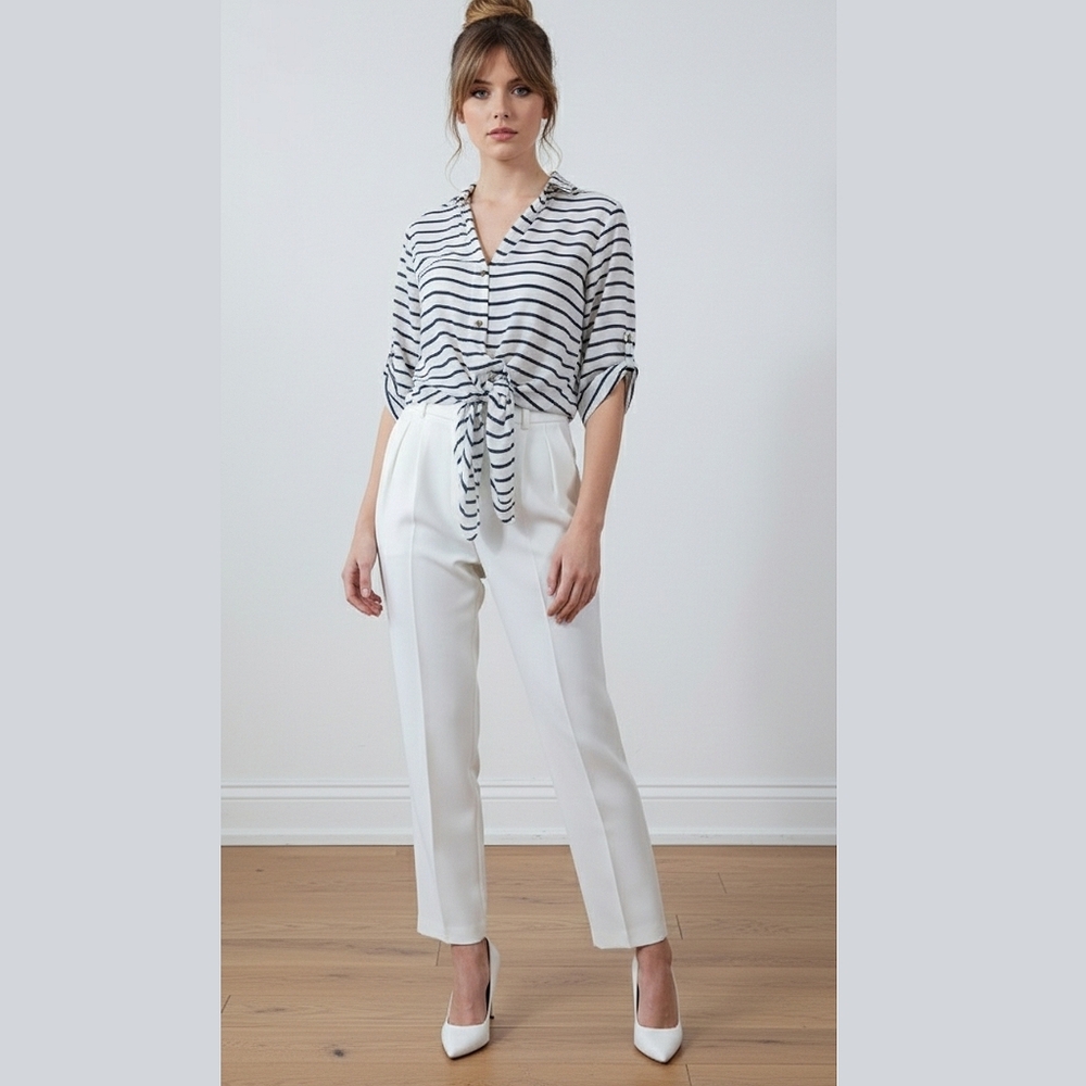 Nautical Tie Waist Button Down Striped Blouse by Dynamite